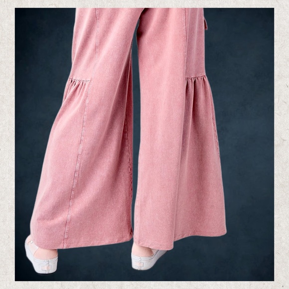 EASEL “Lovin’ It” Cotton Mineral Washed Pants Relax Fit Wide Ruffled Leg Pockets - Picture 13 of 14